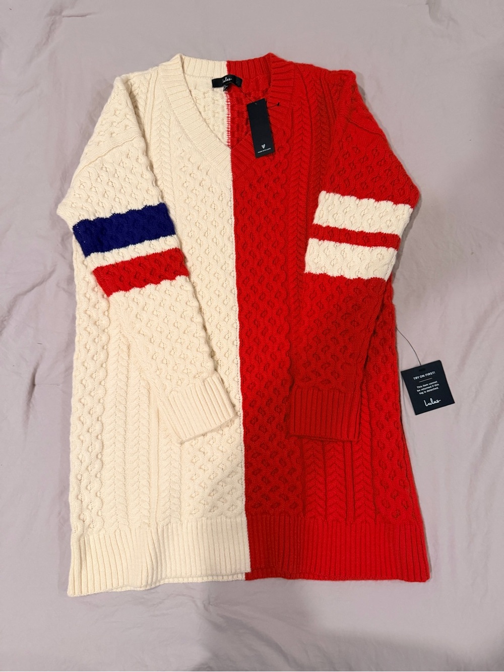 Lulus Red Ivory Color Block Cable Knit Sweater Dress M NWT